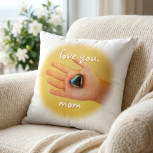 Love You Mom Child Hand Holding Blue Heart Photo Throw Pillow