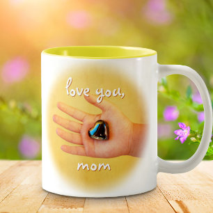Love You Mom Child's Hand Holding Blue Heart Photo Two-Tone Coffee Mug