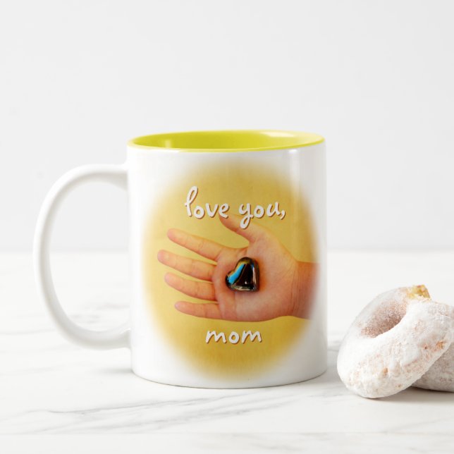 Love You Mom Child's Hand Holding Blue Heart Photo Two-Tone Coffee Mug (With Donut)