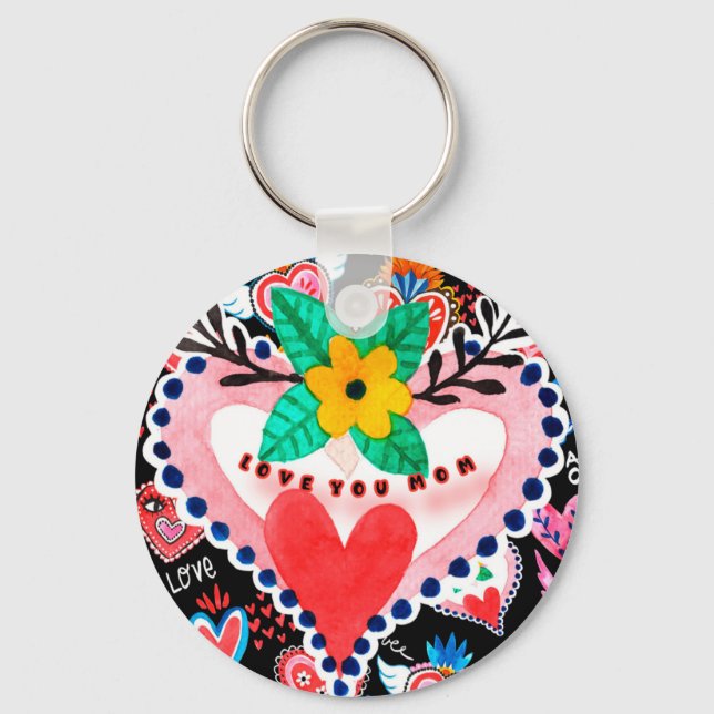 Love You Mom Colourful Mexican Hearts Mother's Day Keychain (Front)