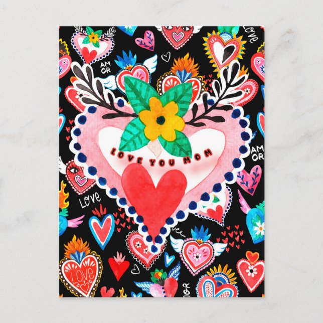 Love You Mom Colourful Mexican Hearts Mother's Day Postcard (Front)