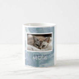 Love You Mom Custom Blue-Green Cat Photo Mug