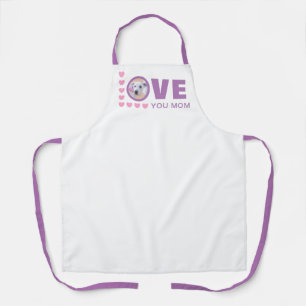 Love You Mom Cute Puppy Dog Photo White and Purple Apron