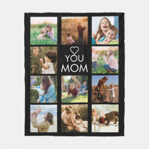Love You Mom Family Photo Collage Black Fleece Blanket