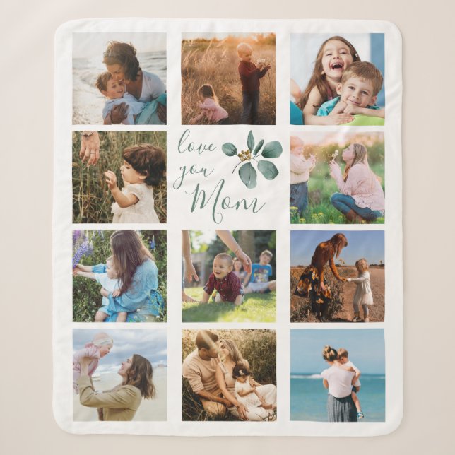 Love You Mom Family Photo Collage Eucalyptus Sherpa Blanket (Front)
