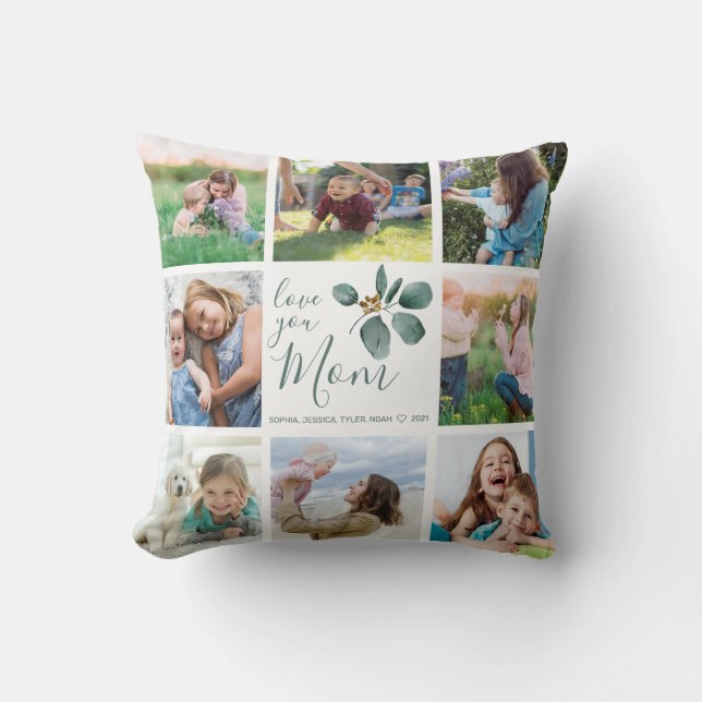 Love You Mom Family Photo Collage Eucalyptus Throw Pillow (Front)