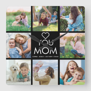 Love You Mom Family Photo Collage Heart Square Wal Wall Clock