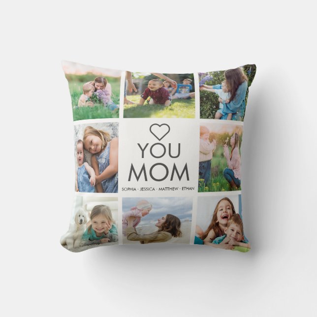 Love You Mom Family Photo Collage Heart Throw Pillow (Front)