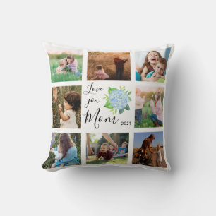 Love You Mom Family Photo Collage Hydrangea Floral Throw Pillow