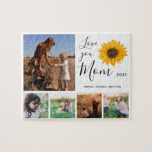 Love You Mom Family Photo Collage Sunflower Jigsaw Puzzle