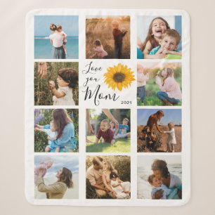 Love You Mom Family Photo Collage Sunflower Sherpa Blanket