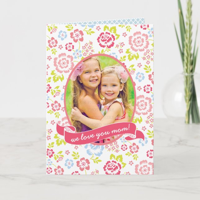 Love you Mom Floral Personalized Custom Photo Card (Front)