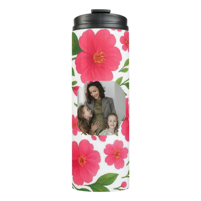 Love You Mom Floral Red Thermal Tumbler with Photo (Front)