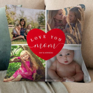 Love You MOM Gifts Photo Collage Cute Heart Script Throw Pillow