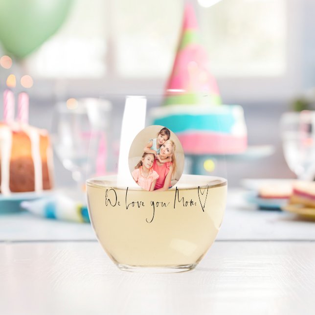 Love You Mom Heart Custom Photo Script Names Stemless Wine Glass (Insitu (Birthday))