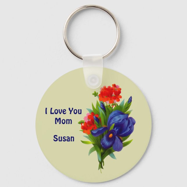 Love You Mom Iris Flower Customizable Keychain (Front)