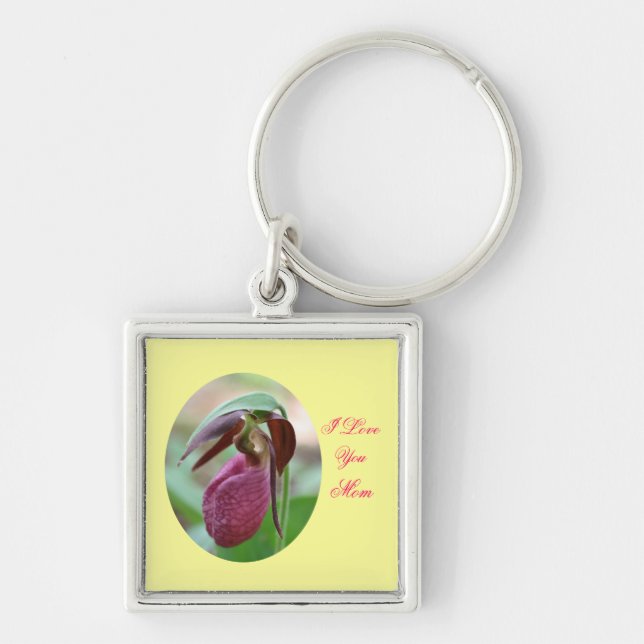 Love You Mom Lady Slipper Flower Keychain (Front)