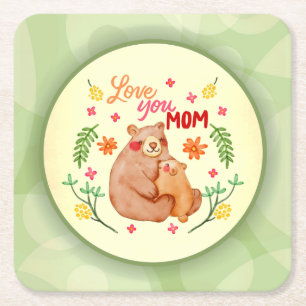 Love You Mom - Mama Bear and Cub Mother's Day Square Paper Coaster