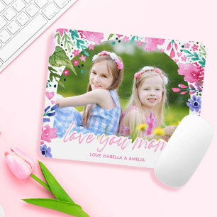 Love you mom Mothers Day Watercolor Floral Photo Mouse Pad