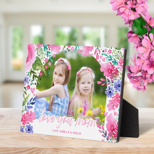 Love you mom Mothers Day Watercolor Floral Photo Plaque