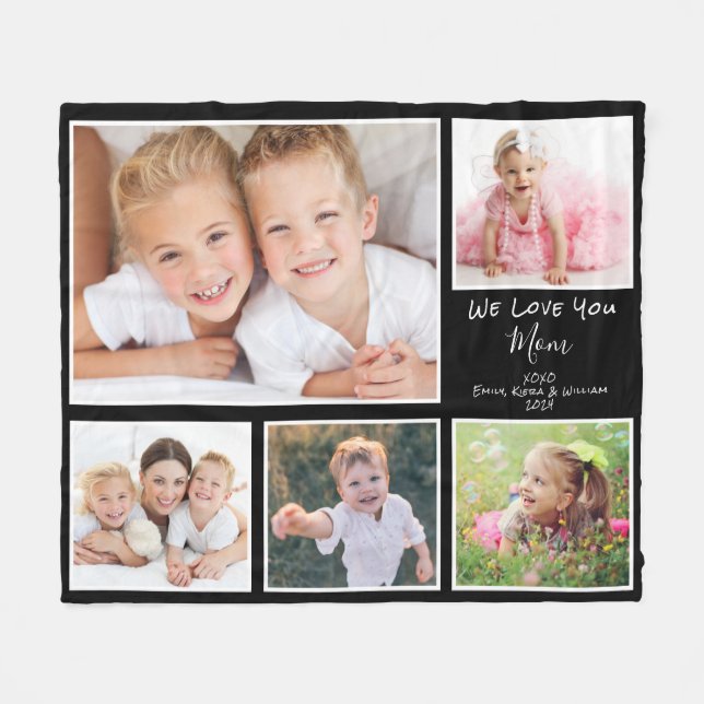 Love You Mom Photo Collage Black Fleece Blanket (Front (Horizontal))