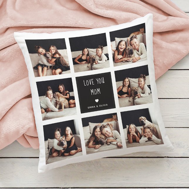 Love You Mom | Photo Collage Handwritten Text Throw Pillow (Creator Uploaded)