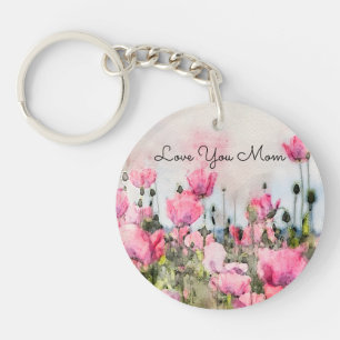 Love You Mom Pink Floral Watercolor Keychain