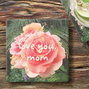 Love You Mom Pink Rose Flower Photo Script Stylish Stone Coaster
