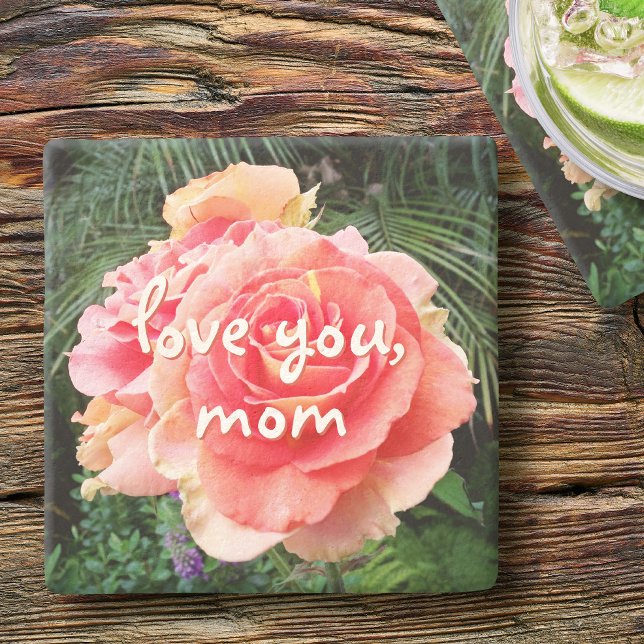Love You Mom Pink Rose Flower Photo Script Stylish Stone Coaster (Creator Uploaded)