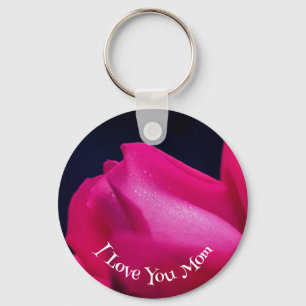 Love You Mom Red Rosebud Flower  Keychain