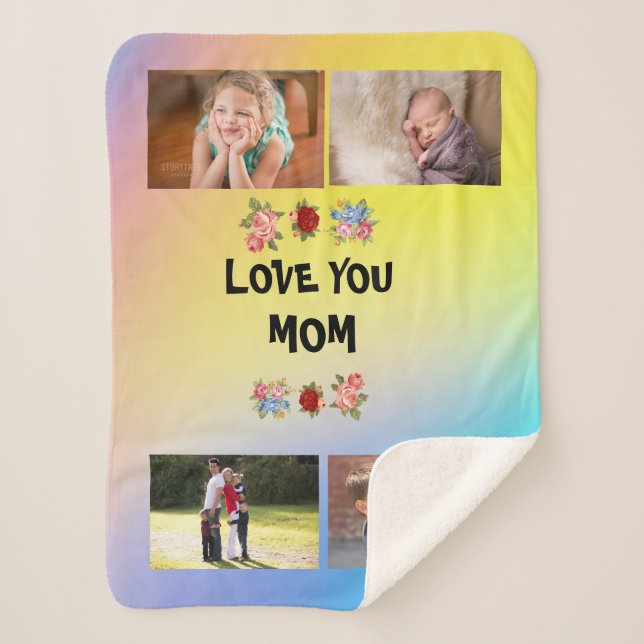 Love You, Mom Roses Pink yellow blue and 4 photos Sherpa Blanket (Front)