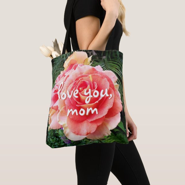 Love You Mom Script Pink Rose Flower Photo Modern Tote Bag (Close Up)