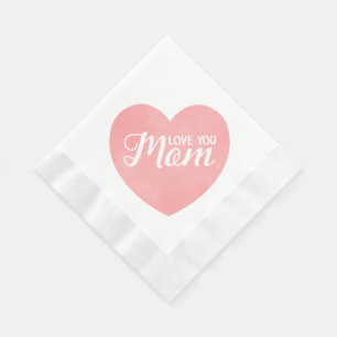 Love you mom text, mother's day pink heart napkin