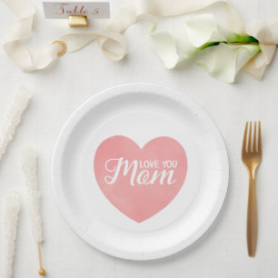 Love you mom text, mother's day pink heart paper plate