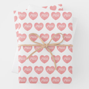 Love you mom text, mother's day pink heart wrapping paper sheet