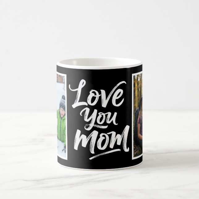 Love You Mom Two Photo Brush Script black white Coffee Mug (Center)