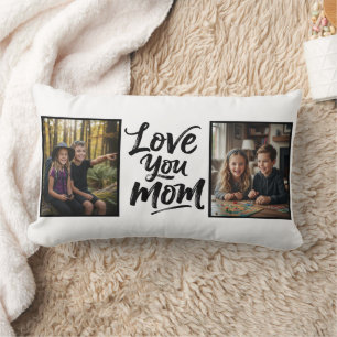 Love You Mom Two Photo Brush Script Keepsake  Lumbar Pillow