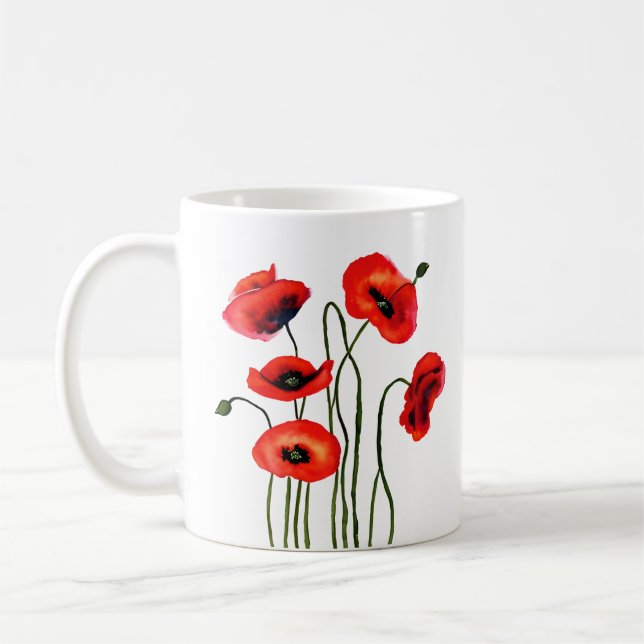 Love You Mom | Watercolor Red Poppies Coffee Mug (Left)