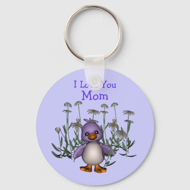 Love You Mom Whimsical Bird Flowers Keychain (Front)