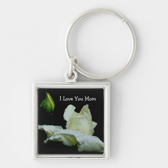 Love You Mom White Rosebud Flower Keychain (Front)