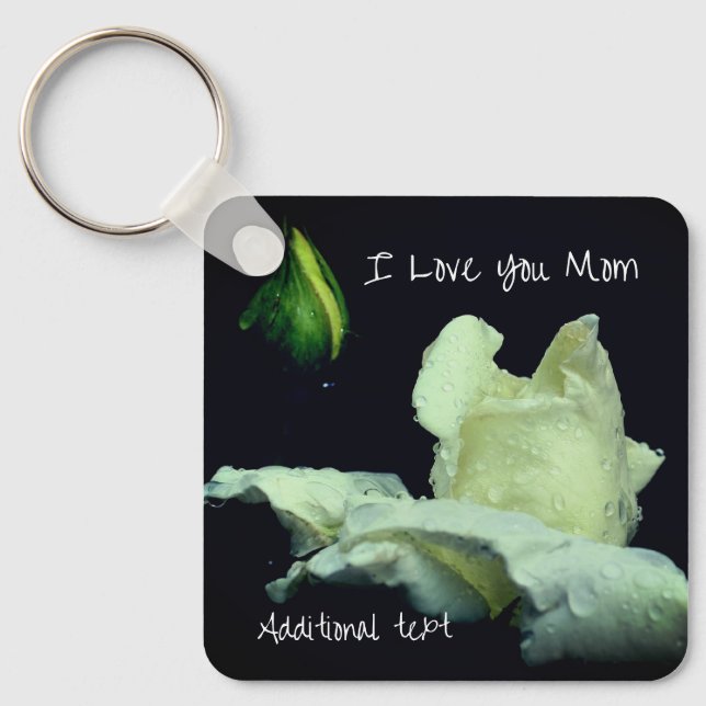 Love You Mom White Rosebud Personalized Keychain (Front)