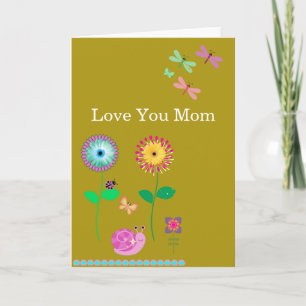 Love You Mom Yellow Floral Dragonflies Card