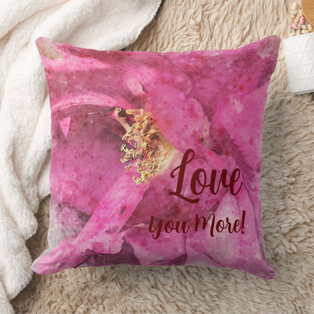 Love You More Pink Floral Throw Pillow (Blanket)