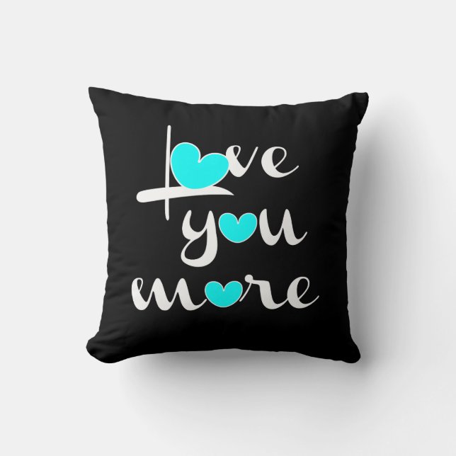 Love You More, White Aqua Hearts on Black Throw Pillow (Front)