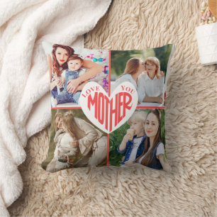 Love You Mother, Custom Heart 5 Photo Throw Pillow