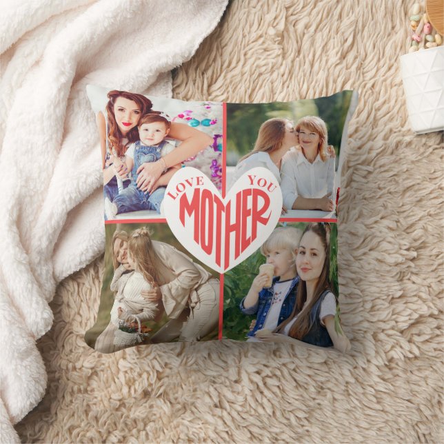 Love You Mother, Custom Heart 5 Photo Throw Pillow (Blanket)