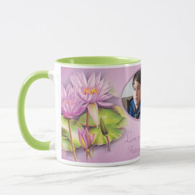 Love you mum/mom water lily photo mug (Left)