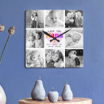 Love You Nana Colourful Bold Modern 8 Photo Collag Square Wall Clock<br><div class="desc">“Love you Nana.” She’s loving every minute with her grandkids. A playful, whimsical, stylish visual of colourful rainbow coloured bold typography and black handwritten typography overlay a soft, light pink heart and a white background. Add 8 cherished photos of your choice and customize the names and message, for the perfect...</div>