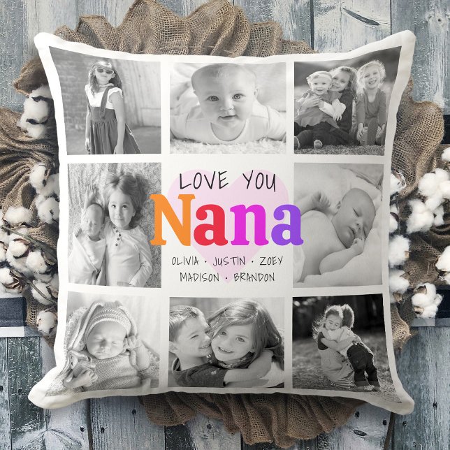 Love You Nana Colourful Bold Modern 8 Photo Collag Throw Pillow (Creator Uploaded)