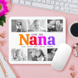 Love You Nana Colourful Rainbow 6 Photo Collage Mouse Pad<br><div class="desc">“Love you Nana.” She’s loving every minute with her grandkids. A playful, whimsical, stylish visual of colourful rainbow coloured bold typography and black handwritten typography overlay a soft, light pink heart and a white background. Add 6 cherished photos of your choice and customize the names and message, for the perfect...</div>